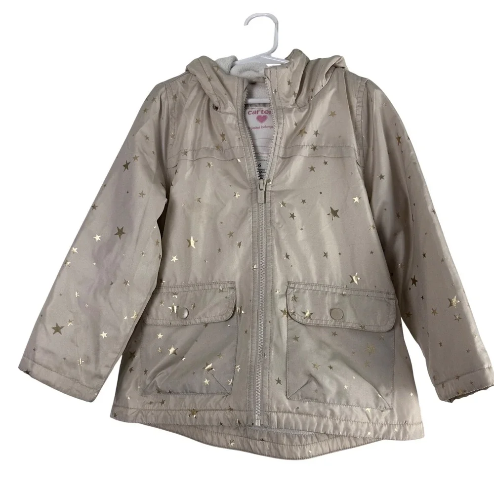Carter's Girls Beige Gold Star Print Hooded Rain Jacket Size‎ 6 Outerwear